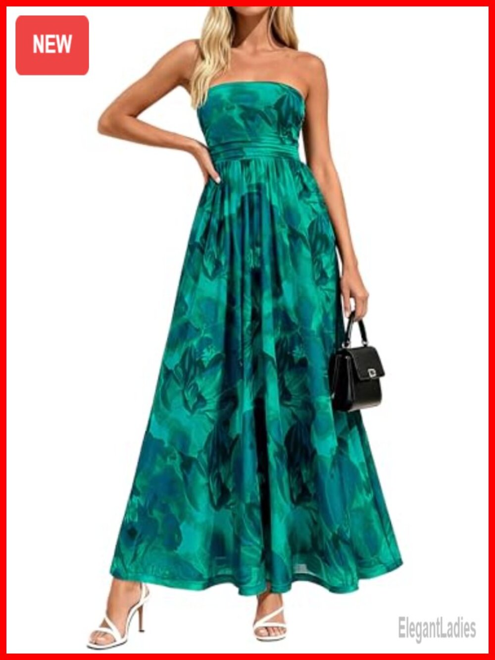 Strapless Floral Mesh Maxi Dress Off Shoulder Ruched Fit Flare
